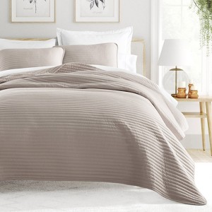 FIONECA Ultra Soft Microfiber Polyester Blend Striped Quilted All Season Quilt Set with Matching Pillow Shams Versatile Decor Friendly White - 1 of 4