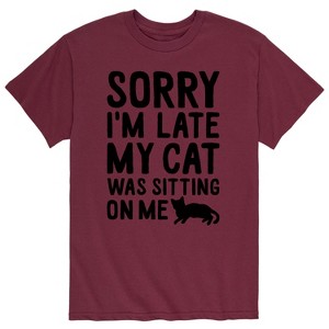 Men's - Instant Message - Sorry I'm Late Cat Sitting On Me Short Sleeve Graphic T-Shirt - 1 of 4