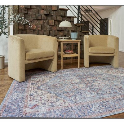 Vintage-Style Blue Floral Medallion Cotton Chenille Area Rug, 5'3" x 7'3"