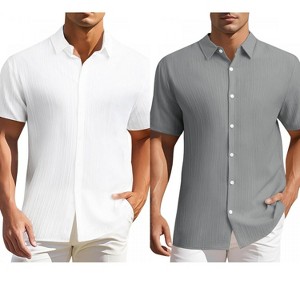 INSPIRE CHIC Men's Summer Point Collar Short Sleeves Button Down Linen Shirts 2 Packs - 1 of 4