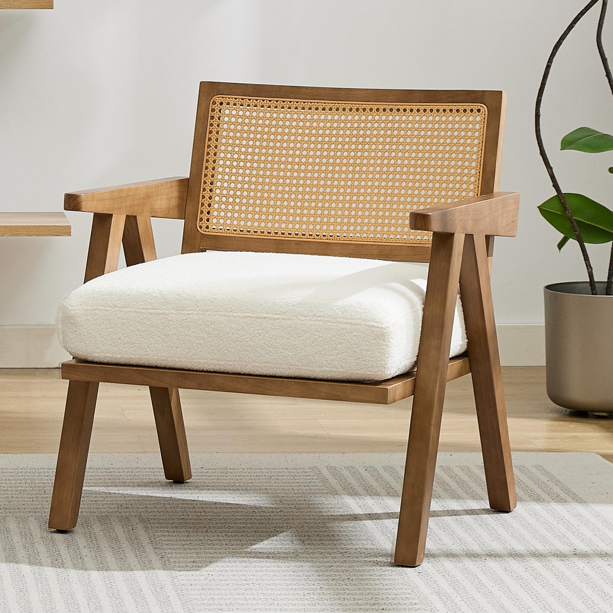Accent Chair Mid Century Comfy Living Room Chairs with Sturdy Wood Legs, Rattan Backrest & Beige Thick Linen Cushion, Armchair for Bedroom Balcony