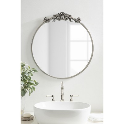 Arendahl 24" Round Silver Wood Vanity Mirror with Baroque Crown