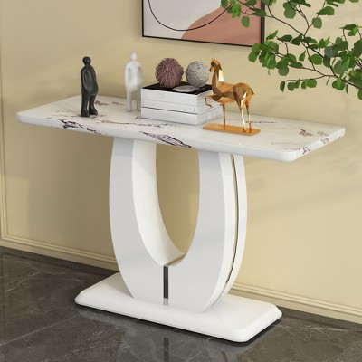 Vynxaria Modern Glossy White Rectangular Counter Bar Table - Compact Space-Saving for Living Room, Bedroom, Office & More