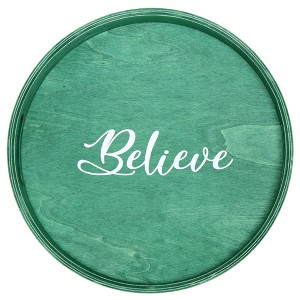 HomeRoots 14" Green And White Believe Round Serving Tray With Handles - 1 of 4
