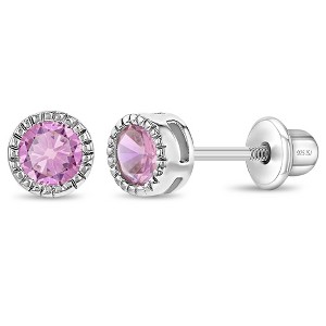 Girl's Trim Bezel Round CZ Screw Back Sterling Silver Earrings - In Season Jewelry - 1 of 4