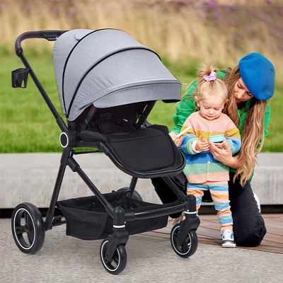 Whizmax Foldable Baby Stroller, High Landscape Pushchair for Newborn, Toddler, Convertible Infant Pram with Reversible Backrest, Storage Basket