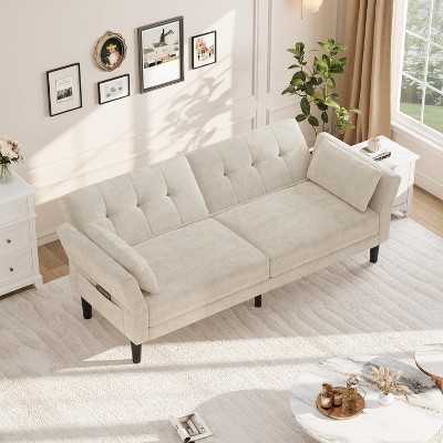 89" Futon Sofa Bed, Modern Sleeper Sofa with Adjustable Backrest & Armrest, Convertible Futon Couch Bed with 2 Pillows for Living Room, Bedroom