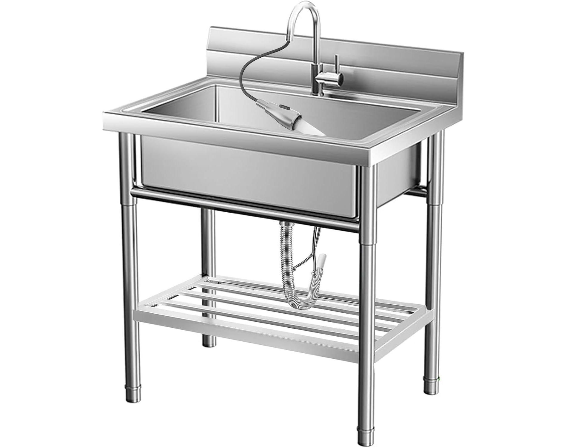Stainless Steel Utility Sink, 20x20 Inch Free Standing Sink for Outdoor & Kitchen, Single Bowl Commercial Set with Faucet and Storage Shelf