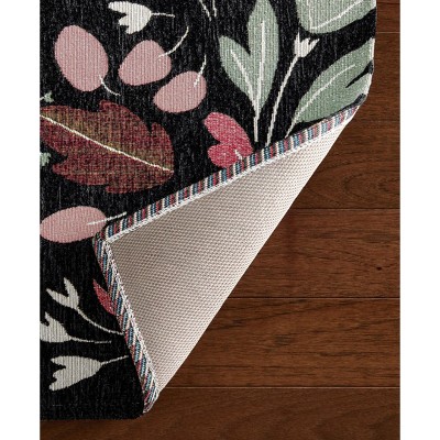 Black Floral Synthetic Washable Non-Slip Rectangular Rug 24" x 40"