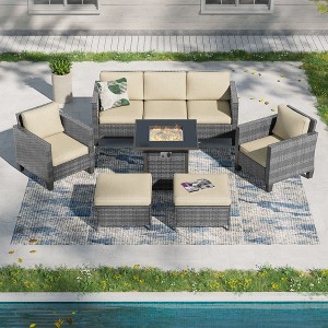 Sonkuki 6 Pieces Patio Sofa with Square Fire Pit Table and Ottomans, Wicker Conversation Couch,  Navy Blue Cushion - 1 of 4