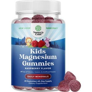 Kids Magnesium Gummies, Calm Relaxing Mag Citrate Supplement, Raspberry Flavor, Nerve Health, Muscles & Healthy Heart Support, Nature's Craft, 45ct - 1 of 4