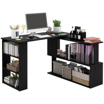 HOMCOM 360° Rotating Home Office Desk L Shaped Corner Computer Desk with Storage Shelves, Writing Table Workstation