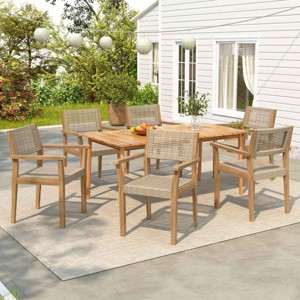 7 Piece Outdoor Patio Dining Set,Acacia Wood Dining Table and 6 Faux Wicker Dining Chairs Set,Rustic Wood Garden Dining Set for Deck-Coolbibila - 1 of 4