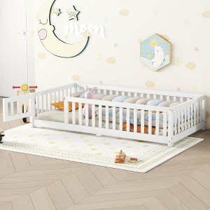 ALEXOUN Kids Floor Bed with Fences and Door,Floor Bed with Safety Guardrails and Support Slats,Wooden Kids Platform Bed Frame,Natural Color - 1 of 4