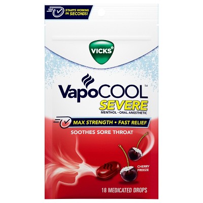 Vicks VapoCool Severe Medicated Sore Throat Drops, Max Strength Menthol, Soothes Sore Throat Pain, Cherry Flavor, 18ct