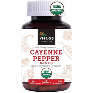 INCAS 100% USDA Organic Cayenne Pepper 120 Capsules (500mg) 45,000 SHU Digestion & Circulation Support | 120 Servings - 1 of 4