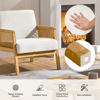 Ivory Boucle Fabric Accent Chair with Rattan Armrests and Wood Legs