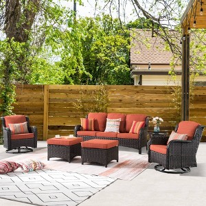 Ovios Orlando 6pc Brown Wicker Outdoor Patio Furniture Conversation Sofa Set with Swivel Chairs and Cushions - 1 of 4