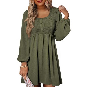 Coolmee Womens Casual Mini Dresses Smocked Crewneck Button Up Puff Long Sleeve High Waist A-Line Short Dress - 1 of 4