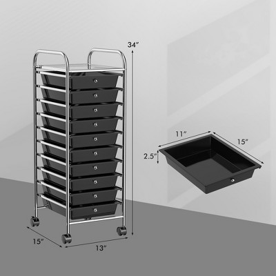 Black 10-Drawer Rolling Storage Cart with Chrome Frame