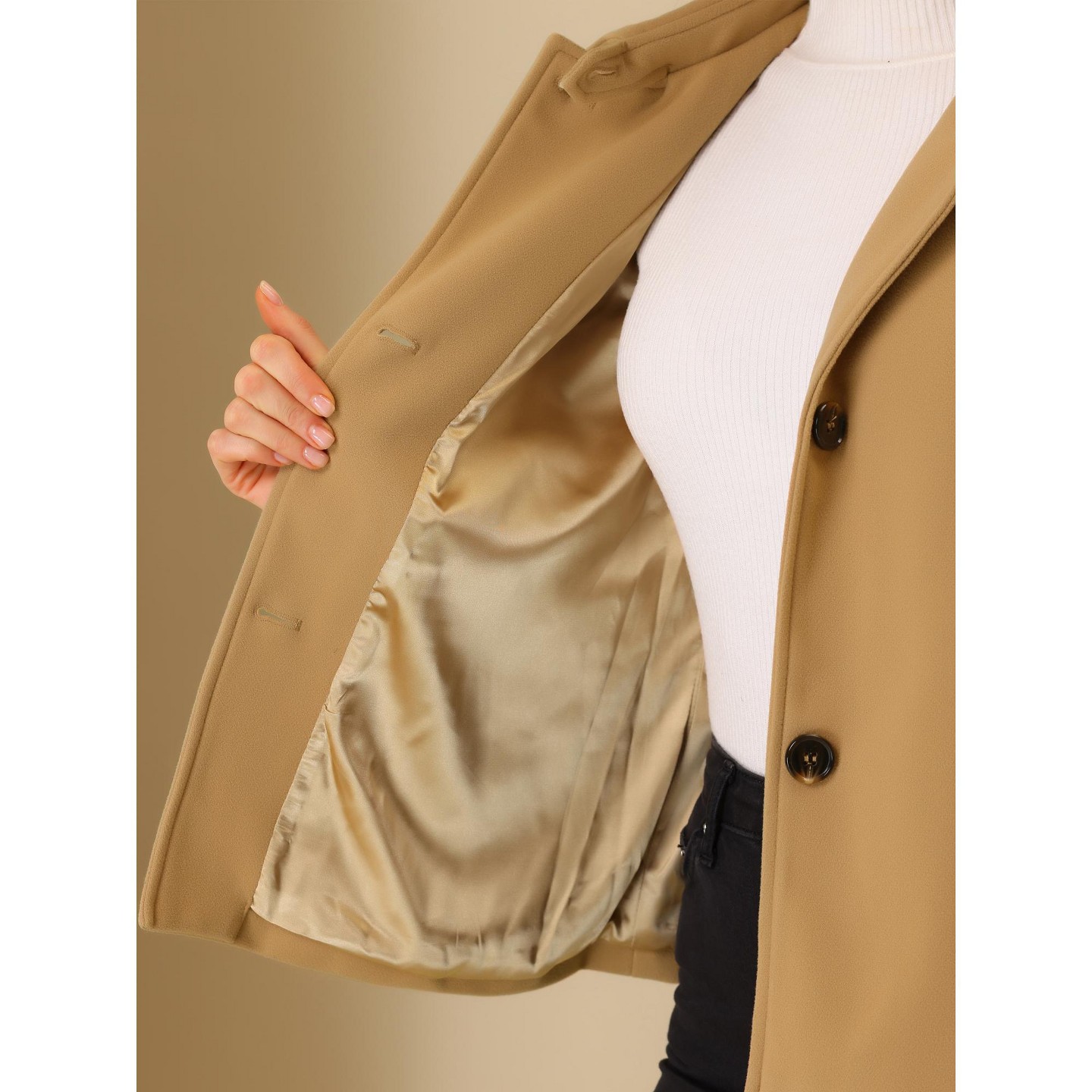 Женское пальто Allegra K Winter Outerwear Single Breasted Belted Pea Coat with Pockets Khaki, цвет: Хаки — фото 5