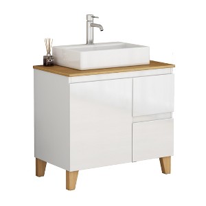 Gulches 31 in 1 Sink All-in-One Vanity Glossy White Bath Vanity with Natural Solid Wood Top Soft Close Handle-Free Square Ceramic Basin - 1 of 4