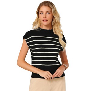 INSPIRE CHIC Women's Cap Sleeve Mock Neck Sleeveless Striped Print Casual Ribbed Knit Pullover Tops - 1 of 4
