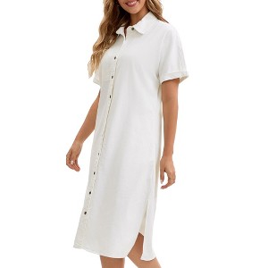 INSPIRE CHIC Women's Midi Denim Summer Short Sleeve Button Down Casual Long Tunic Jean Shirt Dress - 1 of 4