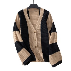 BLUEMING Womens Striped Cardigan Sweaters V Neck Open Front Button Up Fuzzy Loose Knit Coats - 1 of 4