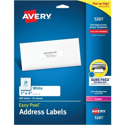 Avery Easy Peel Permanent-Adhesive Address Labels For Laser Printers, 1 x 4 Inches, White, Box of 500