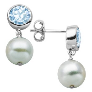 Sterling Silver Genuine White Pearl and Bezel Set Lab Created Aquamarine Post Earrings, Women