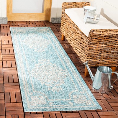 Aqua and Gray Synthetic Indoor/Outdoor Runner Rug
