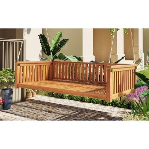 DOMETOUR TOPMAX Patio Minimalist Twin Size Garden Swing Bed Wood Porch Swing with Ropes for Backyard, Safe Sloped Design, Teak - 1 of 4
