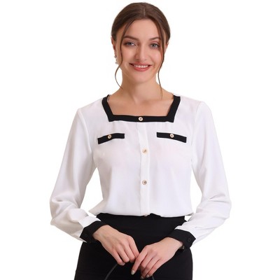 Allegra K Women's Contrast Long Sleeve Button Decor Front Square Neck Elegant Work Blouse