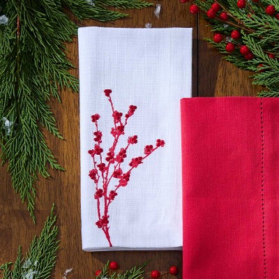 Berry Elegance White and Red Cotton Christmas Napkin Set, 20" x 20", 4 Pieces