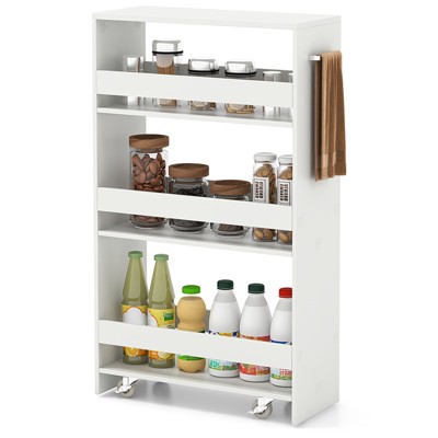 Tangkula 8" Slim Rolling Storage Cart 4-Tier Kitchen Storage Cart on Wheels Mobile Serving Cart w/ Handle & Open Shelves