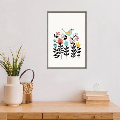 27" x 19" Multicolor Framed Canvas Print with Bluebird and Flowers