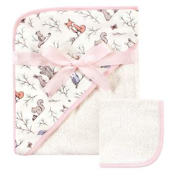 Hudson Baby Infant Girl Cotton Hooded Towel and Washcloth 2pc Set, Enchanted Forest, One Size