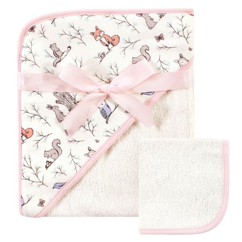 Hudson Baby Infant Girl Cotton Hooded Towel and Washcloth 2pc Set, Enchanted Forest, One Size, 1 of 4
