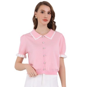 INSPIRE CHIC Women's 2025 Point Collar Button Decor Ribbed Short Sleeve Knit Tops - 1 of 4