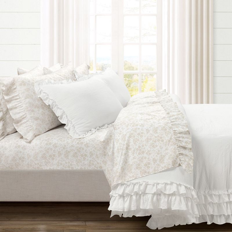 Home Boutique Garden Of Flowers Ruffle Sheet Set Neutral/White 6Pc Set King, 1 of 2