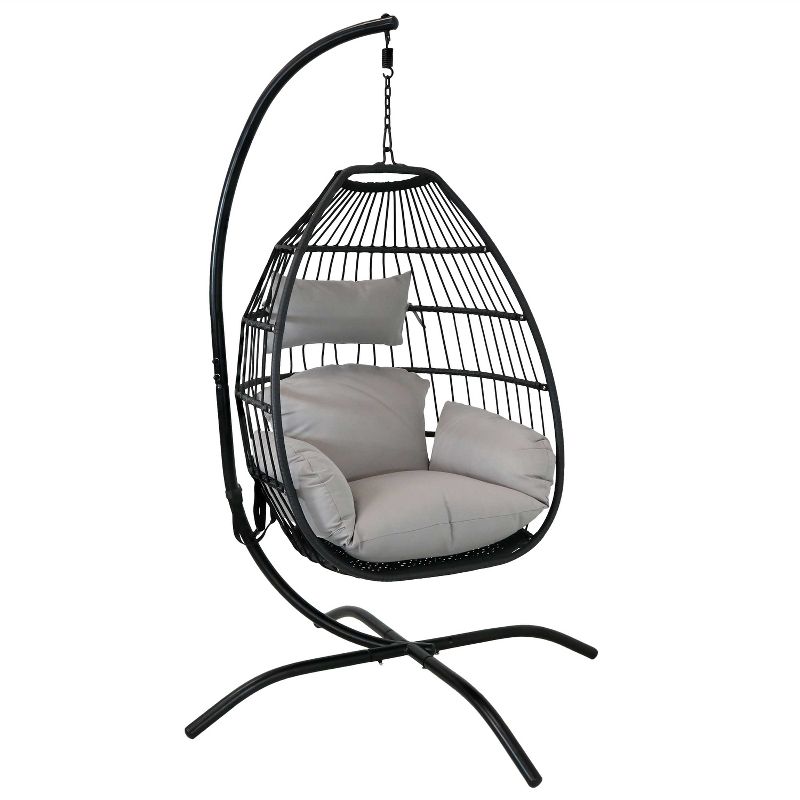 Sunnydaze Outdoor Resin Wicker Patio Delaney Hanging Basket Egg Chair with Cushions, Headrest, and Steel Stand Set - Gray - 3pc, 1 of 11