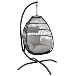 Sunnydaze Outdoor Resin Wicker Patio Delaney Hanging Basket Egg Chair with Cushions, Headrest, and Steel Stand Set - Gray - 3pc