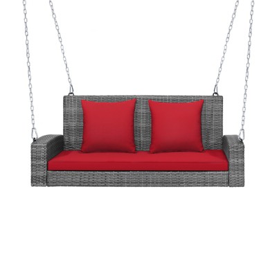 Tangkula Outdoor Porch Swing Bench, Patio Wicker Hanging Swing with Rustproof Chains & Comfortable Cushions Off White/Turquoise/Red/Black