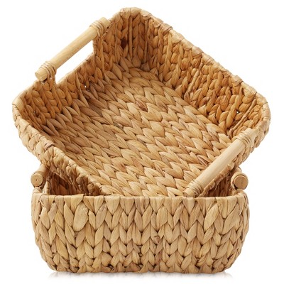 Small Oval Water Hyacinth Storage Baskets with Wooden Handles