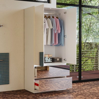 FUFU&GAGA Mirrored Door Wardrobe Clothes Organiser with Hanging Rod White