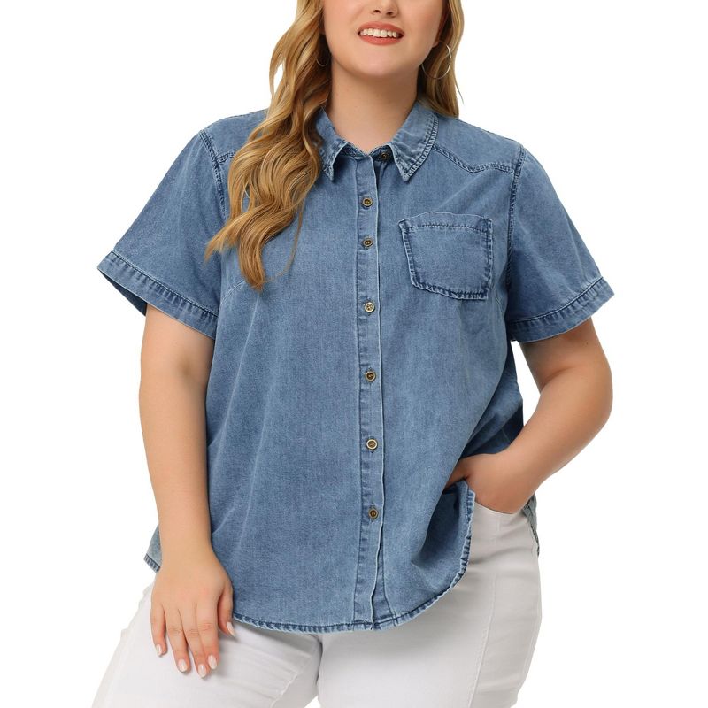 Agnes Orinda Women's Plus Size Denim Short Sleeve Chest Pocket Button Down Shirts, 1 of 7