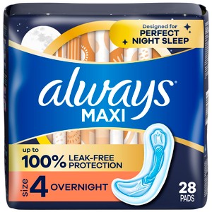 Always Maxi Pads Overnight Absorbency Unscented without Wings - Size 4 - 28ct - 1 of 4