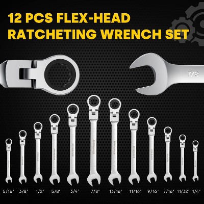 Aghana Digitals 12 Pieces Flex Head Ratcheting Wrench Set, CRV Steel, 72-Teeth, 12-Point Combination Ratchet Wrenches Set with Rolling Pouch