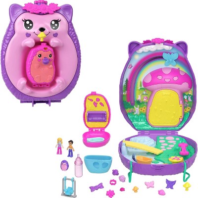 Polly Pocket Hedgehog Mom and Baby Purse Playset with 2 Dolls and 16 Accessories Including Pets